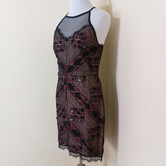 Greylin Burgundy Black Lace Sequin Beaded Detail Bodycon Halter New Years Dress - Picture 6 of 12